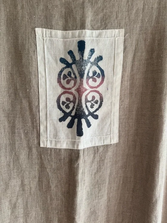 D Blue Vintage 100% Linen Ink Stamped Maxi Dress M - Picture 4 of 7